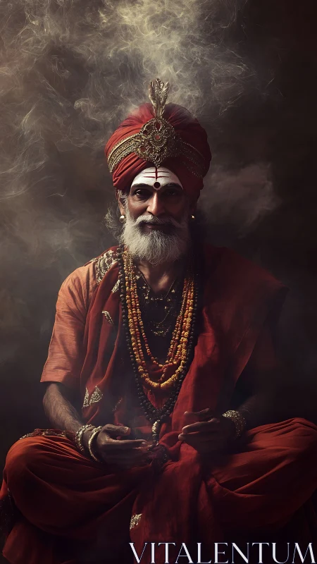Regal Hindu sage sits in swirling incense-lit stillness.