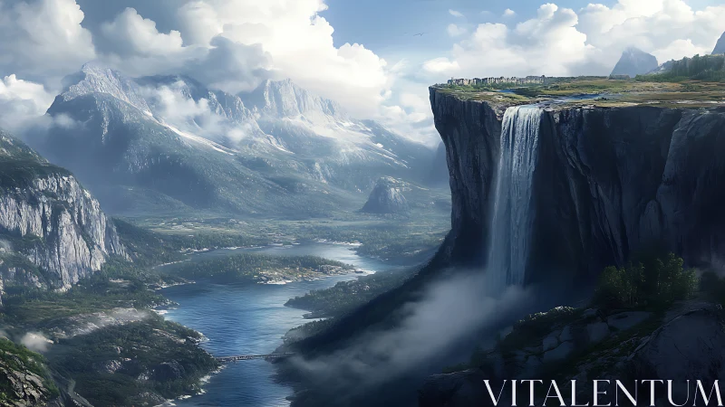 High plateau waterfall above river valley and mountain range.