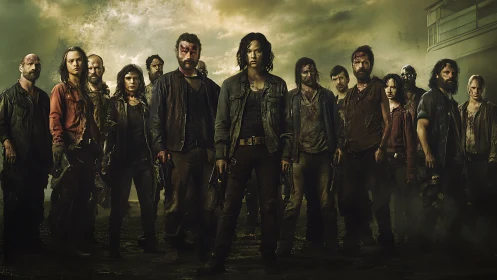 Armed survivors stand united in grim post apocalyptic dusk