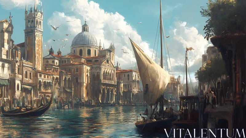 Venetian canal with domed basilica, boats and city crowds.