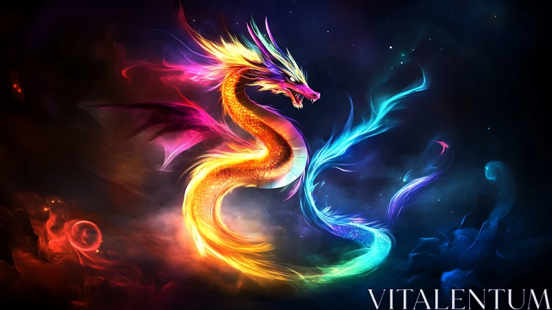 Vibrant multicolor dragon coiled in a glowing cosmic void.