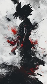 Brooding anime warrior in red-black ink burst composition.