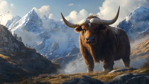 Majestic longhorn bison dominates sunlit alpine valley.