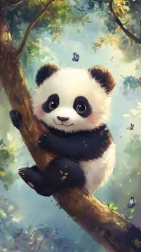 Baby panda clings to sunlit forest tree with butterflies