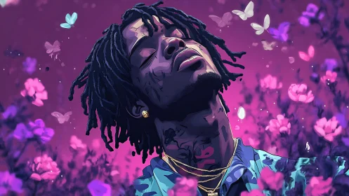 Digital portrait of man in neon floral field with butterflies.