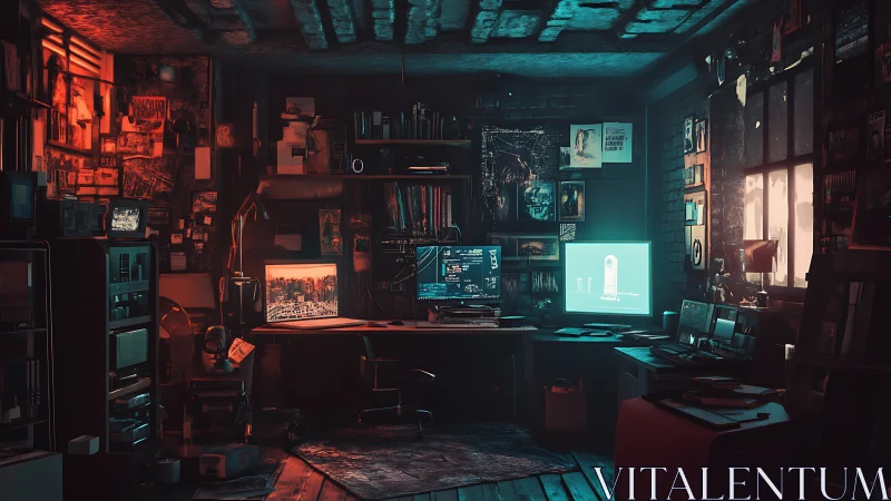 Neon-lit hacker workspace in cluttered urban loft interior.