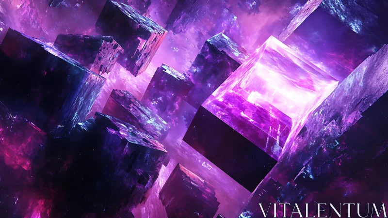 Neon crystalline cubes drift through cosmic violet void.