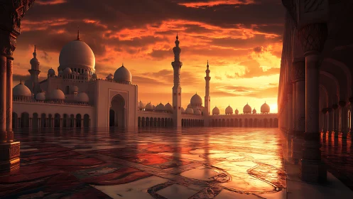 Golden sunset over tranquil marble mosque courtyard.