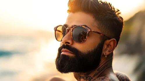 Bearded man in tortoiseshell sunglasses at golden sunset.