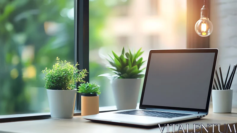 Sunny home office desk blends greenery with modern tech