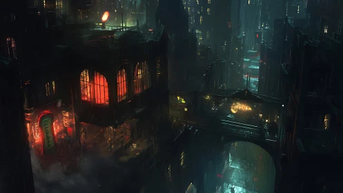 Rain-soaked neon alleyways in towering cyberpunk sprawl.