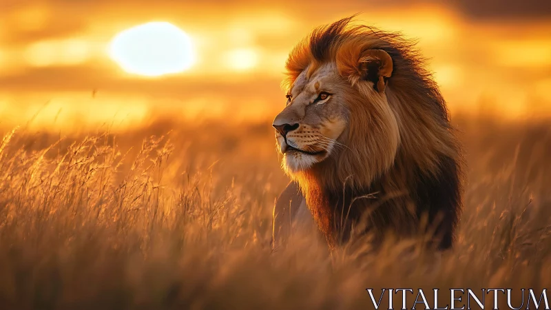 Majestic lion watches savanna sunset in golden silence.