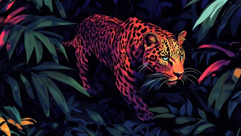 Neon Leopard in Tropical Foliage Setting.
