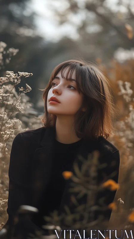 Pensive young woman among autumn wildflowers, soft bokeh field.