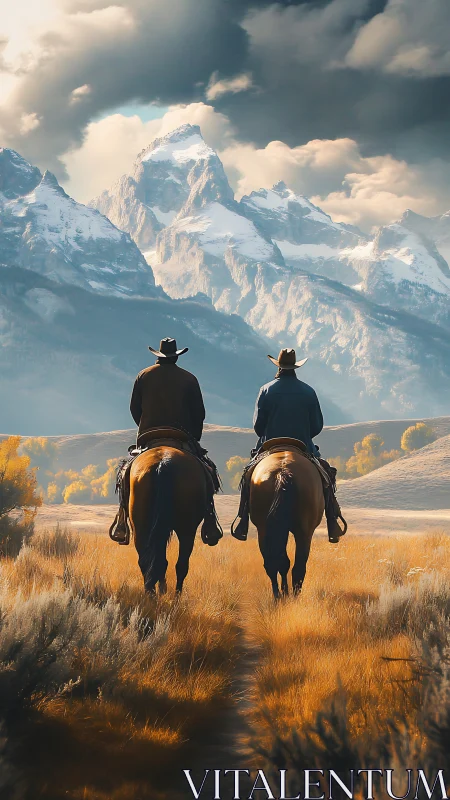 Two cowboys riding through open plain toward snow peaks.
