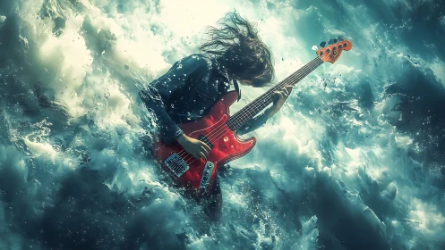 Digital painting of guitarist submerged in dynamic oceanic waves.