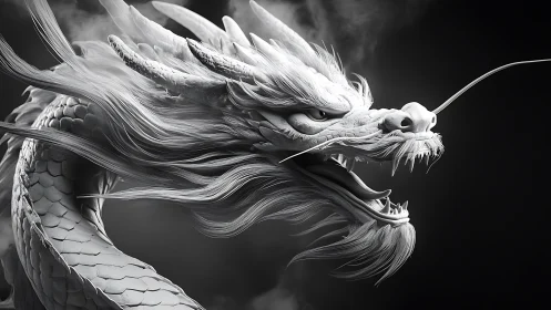 Coiled white dragon bust in dramatic monochrome render.