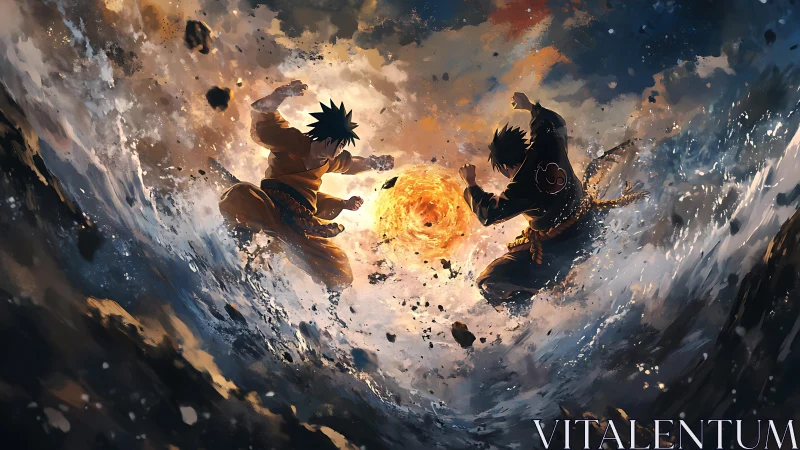 Dynamic anime duel within a vortex of elemental chaos.