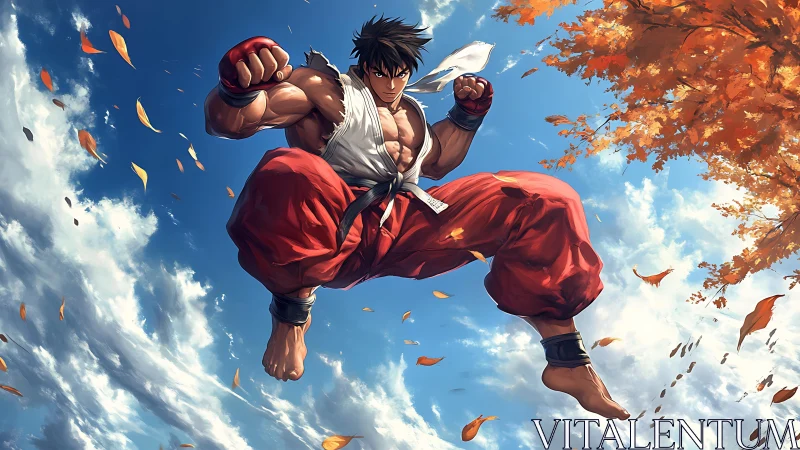 Martial artist midair kick over bright autumn sky scene.