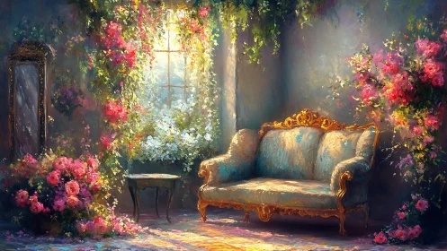 Sunlit floral salon with ornate rococo sofa interior