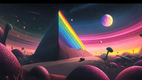 Rainbow pyramid under cosmic skies on a dreamy alien world.