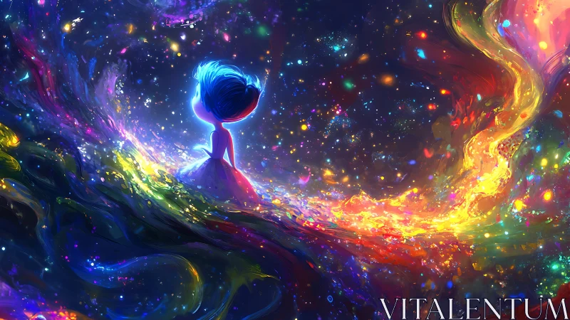 Starlit child wanders along a glowing rainbow dream river