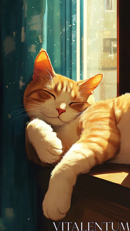 Orange tabby cat resting on windowsill with warm backlighting