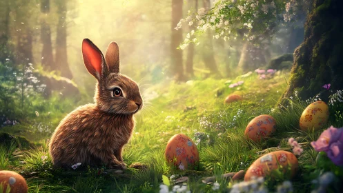 Spring forest bunny with decorated Easter eggs in backlight