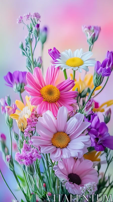 Colorful Daisy Composition with Pink and Purple Blooms.