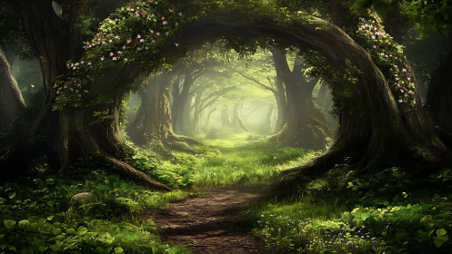 Enchanted Forest Tunnel Through Ancient Trees.