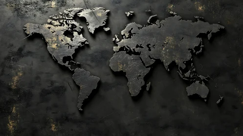 World map silhouette in textured metallic relief on wall.