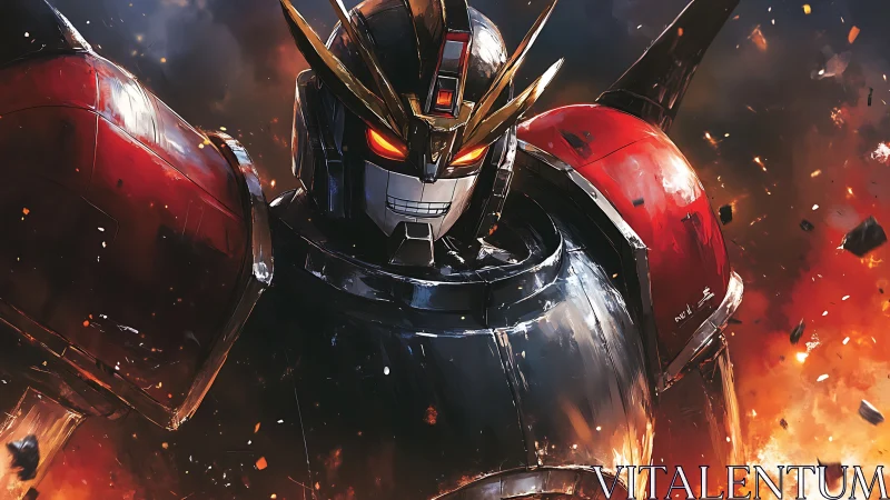 Battle-damaged mecha portrait with dynamic lighting and combustion