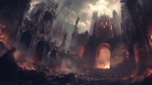 Brooding fiery citadel rises above ruin in stormy twilight