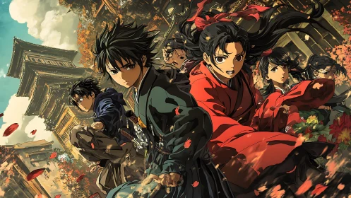 Five stylized warriors move through temple courtyard in autumn