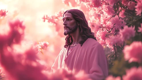 Gentle robed figure standing peacefully in soft pink blooms.