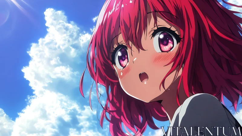 Sunlit sky catches a blushing girl mid-breath and wonder