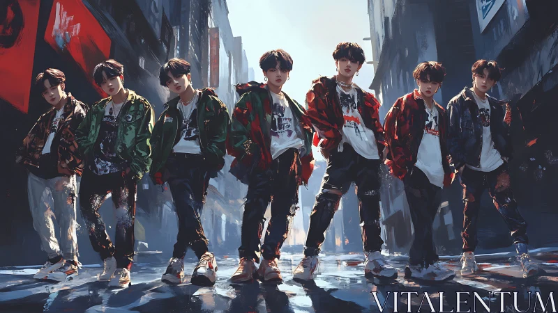 Streetwear dance crew amid neon-lit urban canyon night.