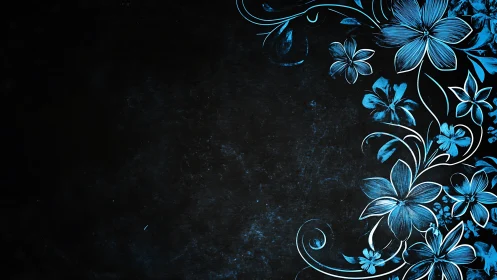 Blue Ornamental Flowers on Black Textured Background.