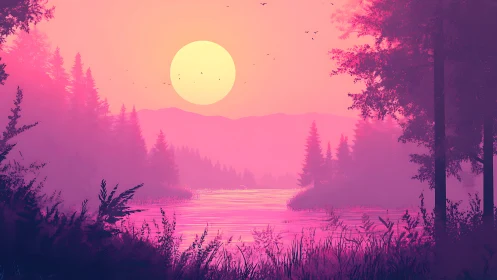 Pink-toned conifer forest lake under low sun at dusk.