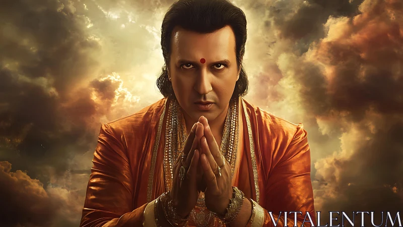 Devotional portrait with dramatic cloud backlight and warm tonality