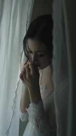 Soft windowlight prayer in quiet lace and drifting curtains.