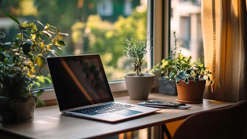 Sunlit home workspace shows laptop framed by green plants