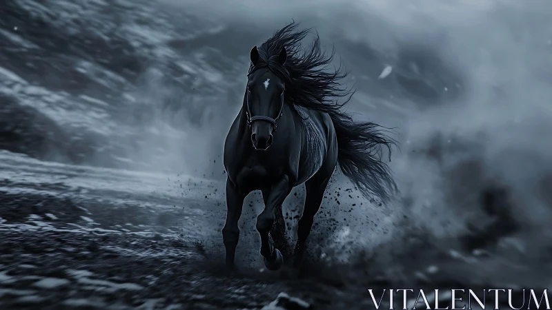 Dark horse moves forward across misted rough terrain