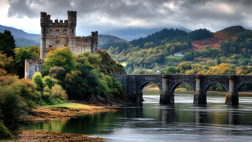 Stone castle overlooks river bridge under stormy sky.