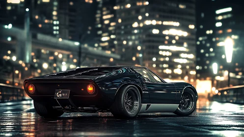 Classic black sports car on wet city street at night.