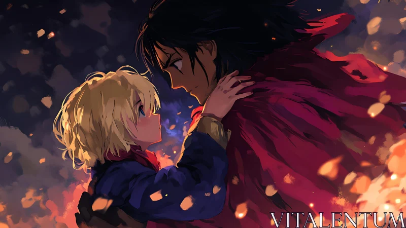 Two anime figures in close profile amid glowing embers.