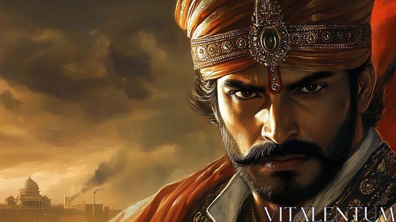 Warrior prince stares intensely under stormlit imperial sky