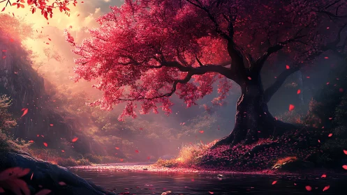 Pink blossom tree dominates riverbank in glowing valley