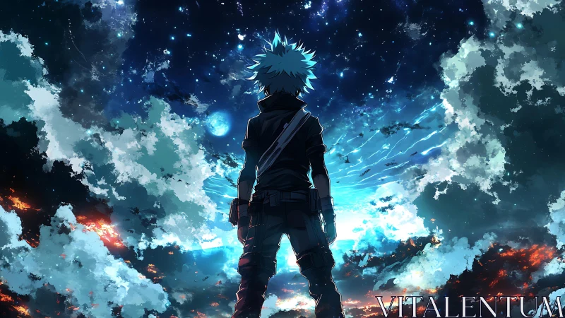 Silhouetted figure observing star-filled sky and clouds.