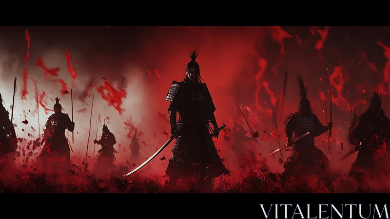 Samurai warriors advance through red smoke and flames.